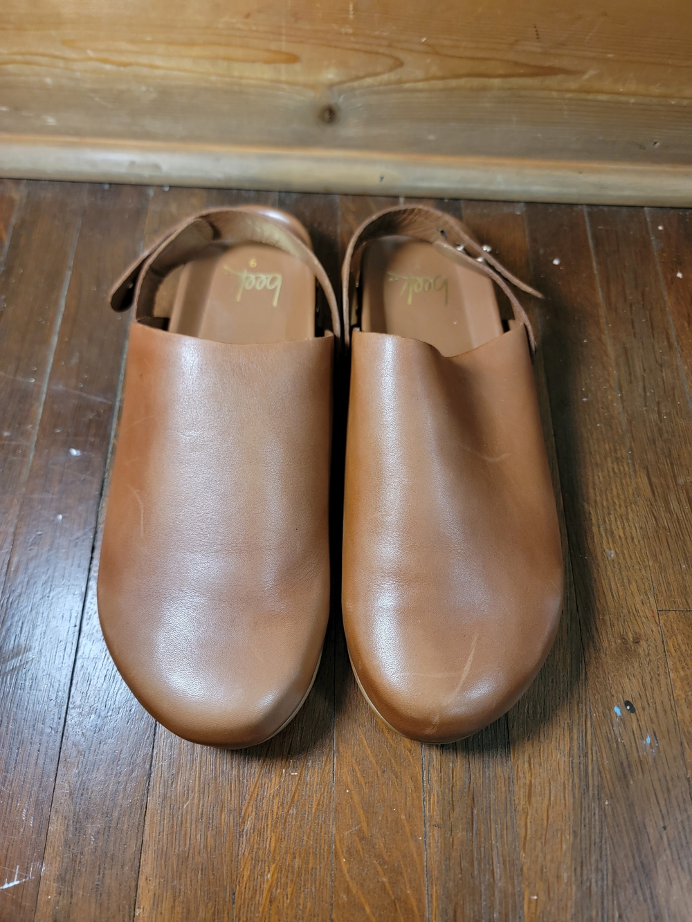 beek Brown Leather Slip-On Clog Sandals